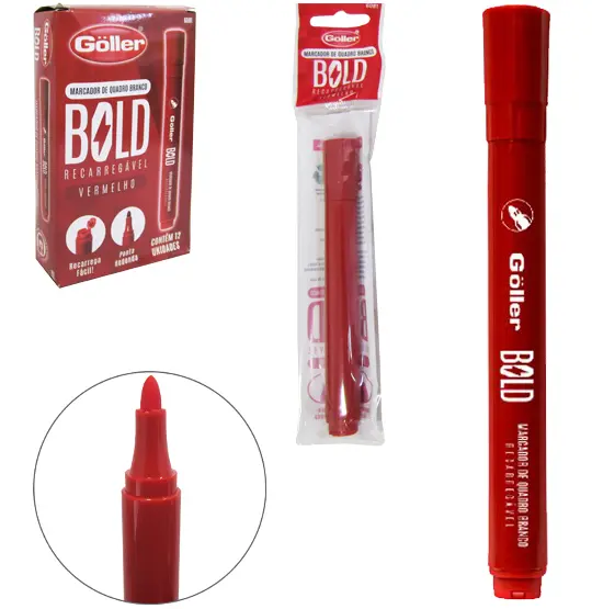 MARCADOR RECARREGAVEL VERMELHO BOLD PARA QUADRO BRANCO COM 12 PECAS NA CAIXA