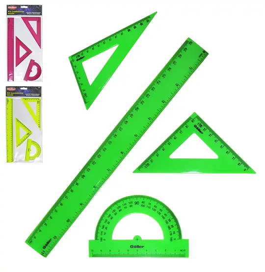 KIT ESCOLAR NEON COM REGUA + ESQUADRO + TRANSFERIDOR COLORS COM 4 PECAS