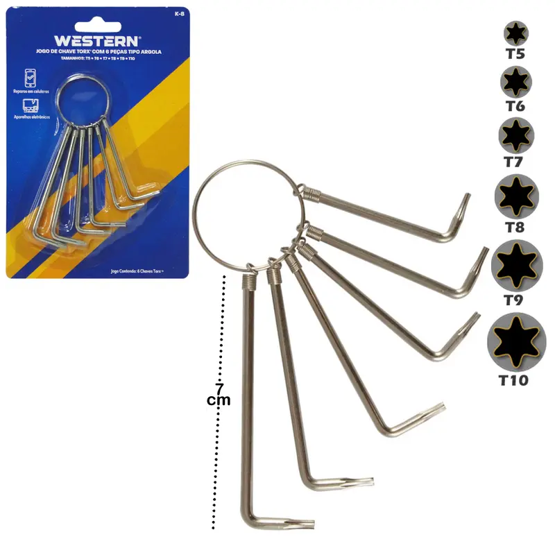 JOGO DE CHAVE TORX CROMADA COM 6 PECAS NA CARTELA
