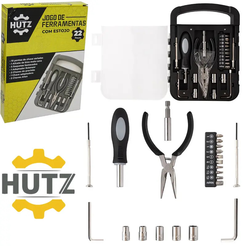 KIT FERRAMENTA COM ALICATE DE BICO + CHAVE ALLEN E ACESSORIOS HUTZ 22 PECAS NO ESTOJO FRM