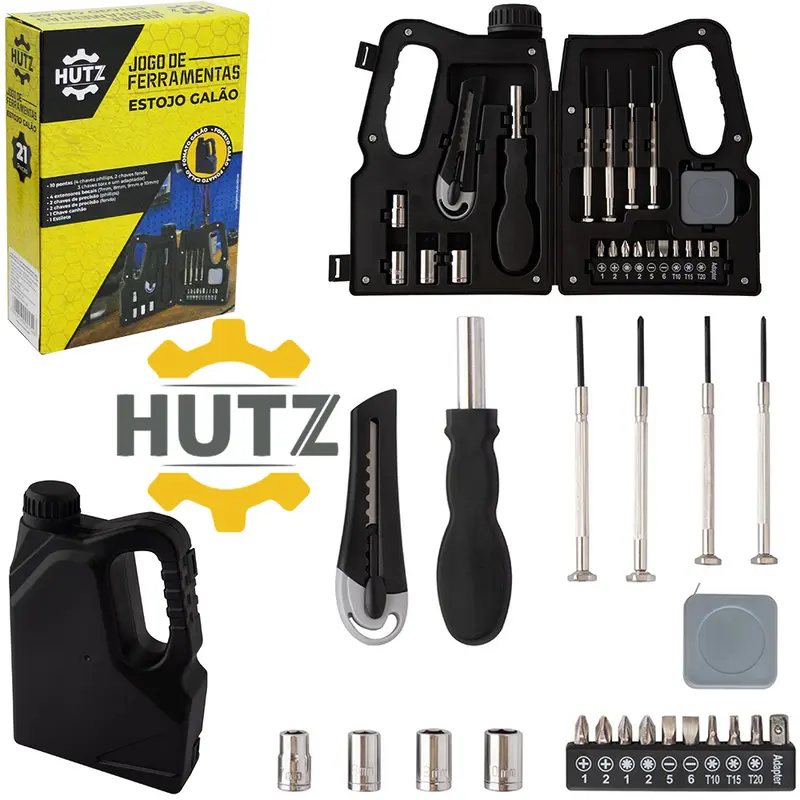 KIT FERRAMENTA COM ESTILETE + TRENA E ACESSORIOS HUTZ 21 PECAS NO ESTOJO GALAO FRM