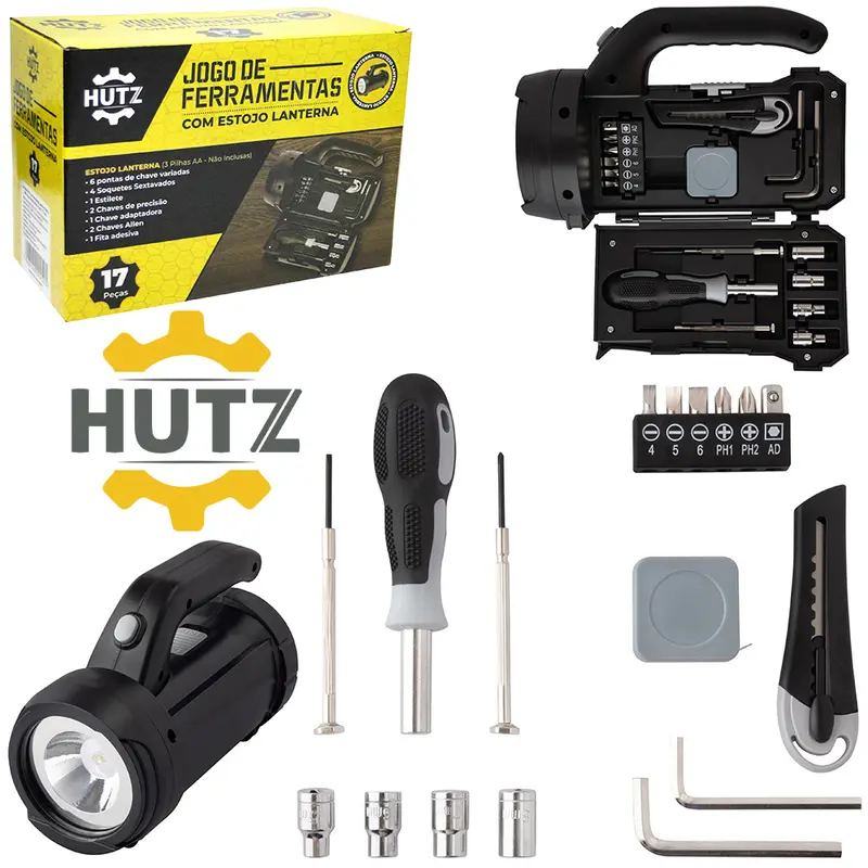 KIT FERRAMENTA COM ESTILETE + TRENA E ACESSORIOS 17 PECAS NO ESTOJO LANTERNA A PILHA FRM