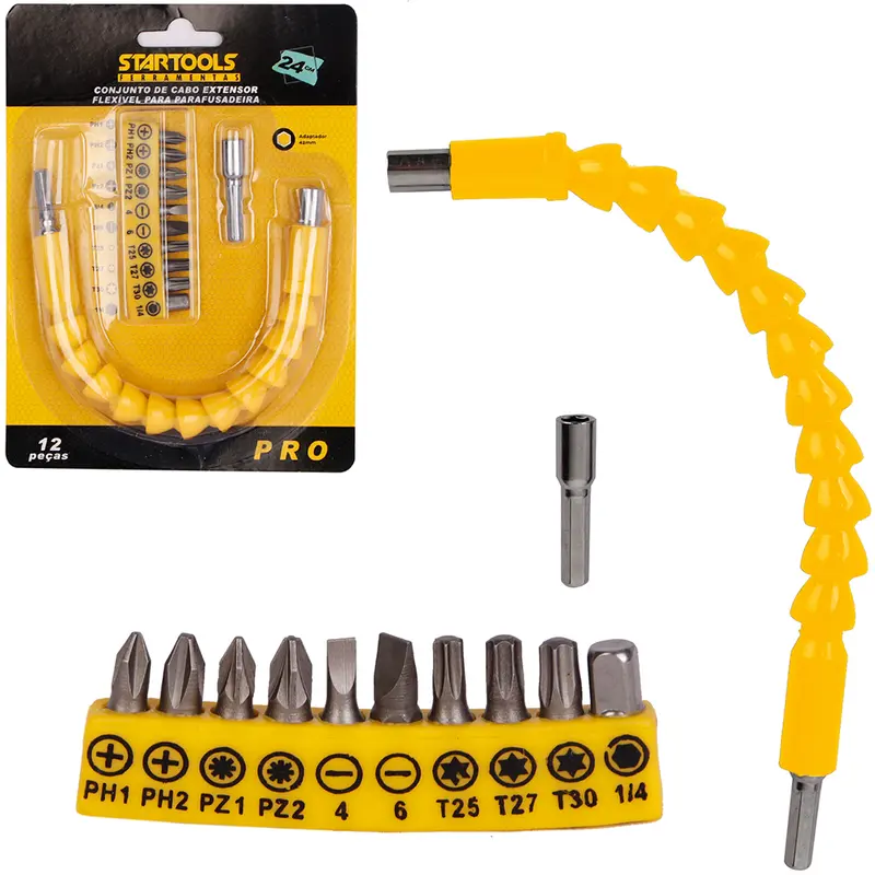 CABO EXTENSOR FLEXIVEL COM 10 BITS + ADAPTADOR PARA PARAFUSADEIRA AMARELO PRO