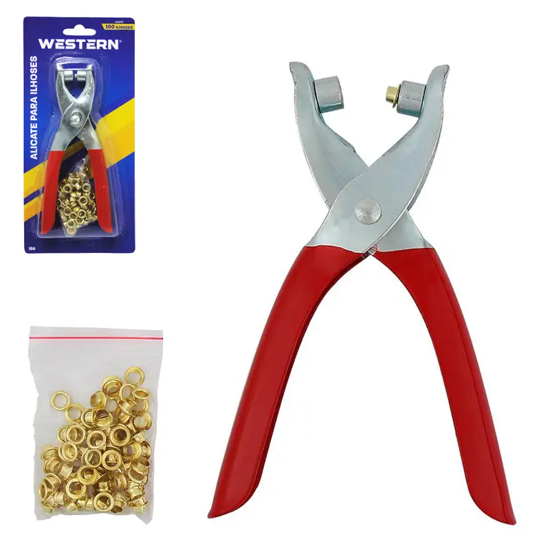 ALICATE PARA ILHOS 5,5'' CABO VERMELHO + 100 ILHOSES
