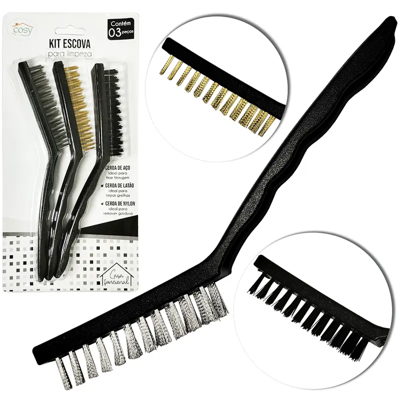 ESCOVA DE ACO / NYLON CABO PLASTICO COM 3 PECAS 21CM