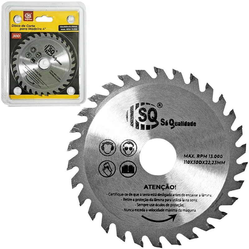 DISCO DE CORTE PARA MADEIRA 30 DENTES 4'' 110MM COM ANEL ADAPTADOR