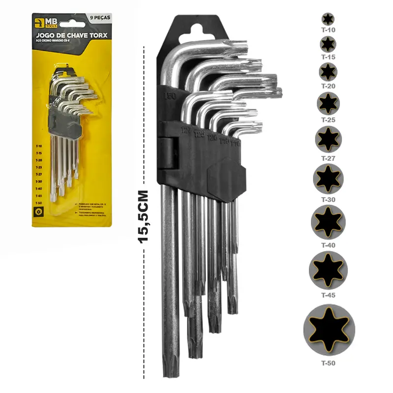 JOGO DE CHAVE TORX 9 PECAS COM FURO GUIA + SUPORTE MB TOOLS