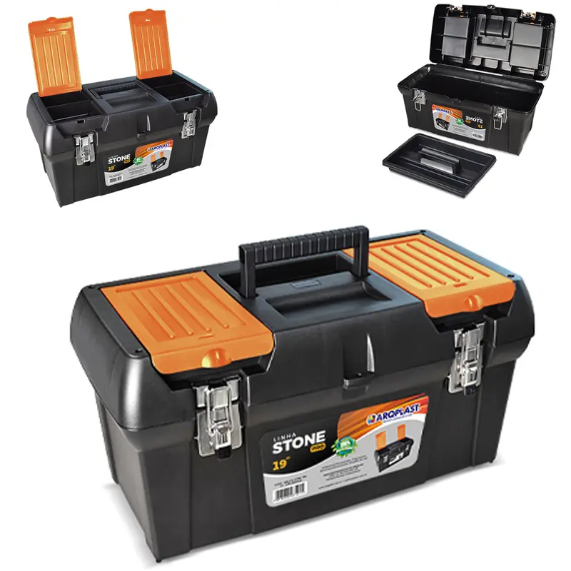 MALETA DE PLASTICO FERRAMENTA COM BANDEJA + TRAVA DE METAL STONE PRO 19'' 50X26,5X25CM
