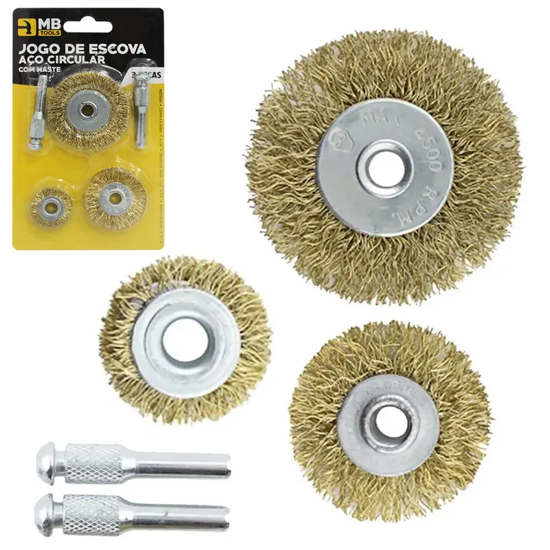 ESCOVA DE ACO ONDULADAS CIRCULAR COM 3 PECAS + 2 HASTES MB TOOLS
