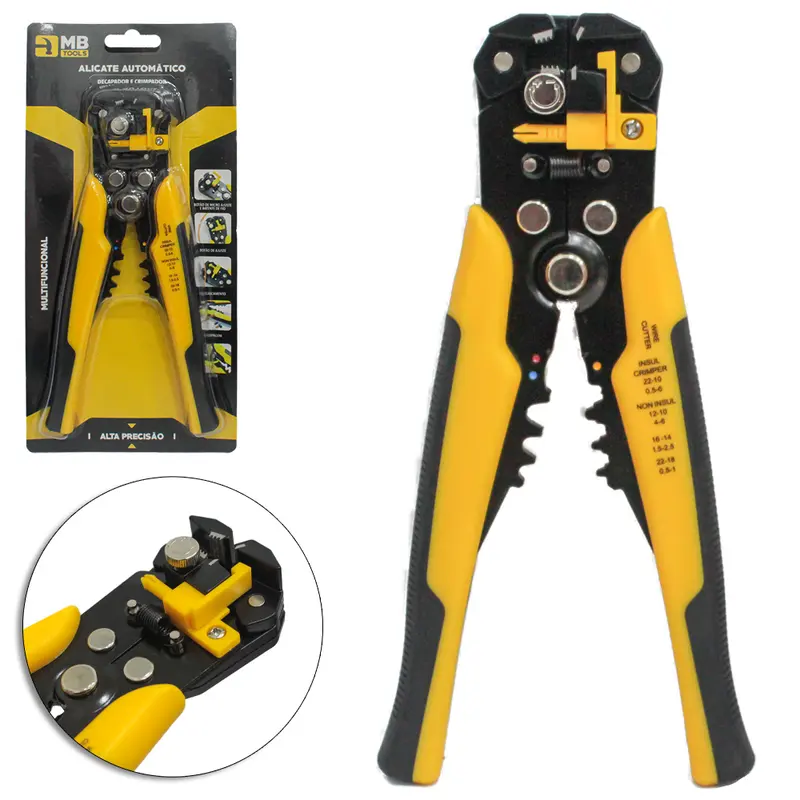 ALICATE AUTOMATICO ( DESENCAPADOR DE FIOS ) DECAPADOR E CRIMPADOR 8'' CABO AMARELO / PRETO MB TOOLS