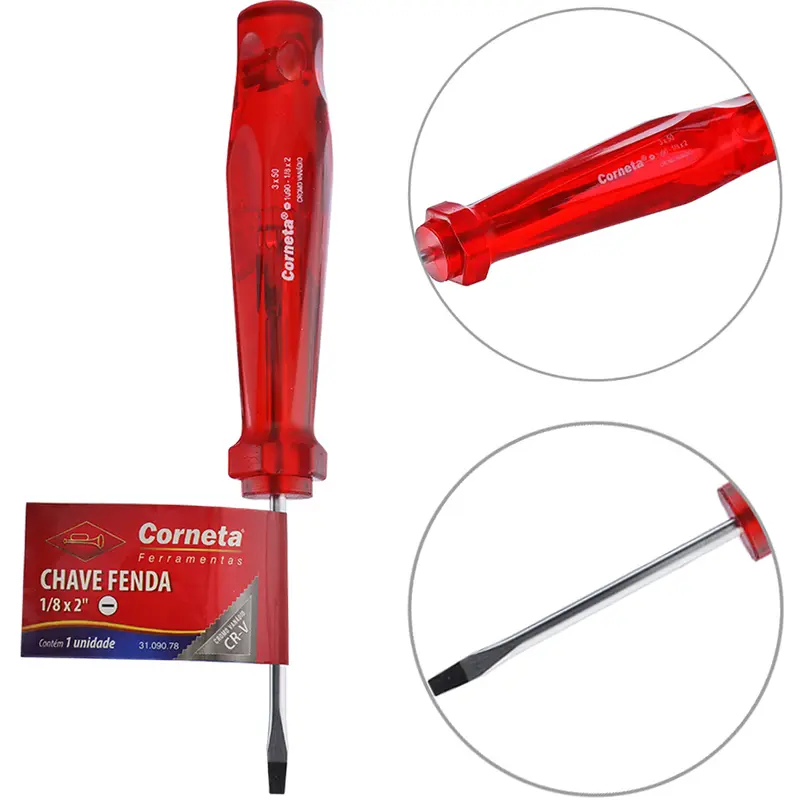 CHAVE FENDA ACO CROMO VANADIO CR-V PONTA IMANTADA + CABO TRANSLUCIDO VERMELHO 1/8X2'' UND