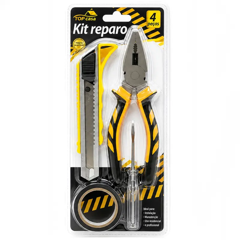 KIT FERRAMENTA COM ALICATE UNIVERSAL 6'' 7MM + ESTILETE + CHAVE PARA TESTE E FITA ISOLANTE TOP CASA FRM