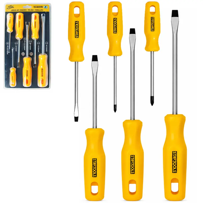 JOGO DE CHAVE DE FENDA E PHILIPS CABO PLASTICO AMARELO 6 PECAS