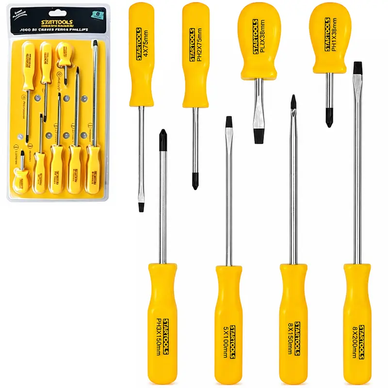 JOGO DE CHAVE DE FENDA E PHILIPS CABO PLASTICO AMARELO 8 PECAS