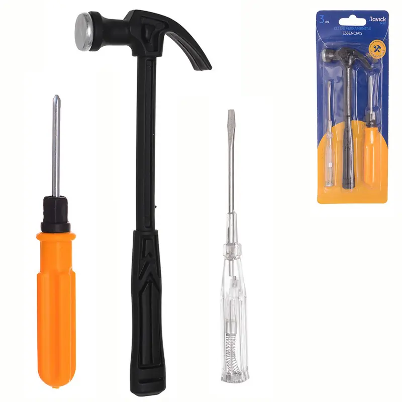 KIT FERRAMENTA COM MARTELO UNHA + CHAVE FENDA / PHILIPS + CHAVE TESTE 3 PECAS