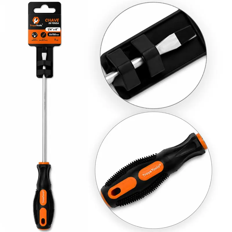 CHAVE DE FENDA DE ACO CROMO VANADIO COM PONTA IMANTADA + CABO EMBORRACHADO ¼''X6'' 6X150MM UND