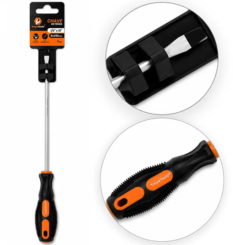 CHAVE DE FENDA DE ACO CROMO VANADIO COM PONTA IMANTADA + CABO EMBORRACHADO ¼''X10''6X250MM UND