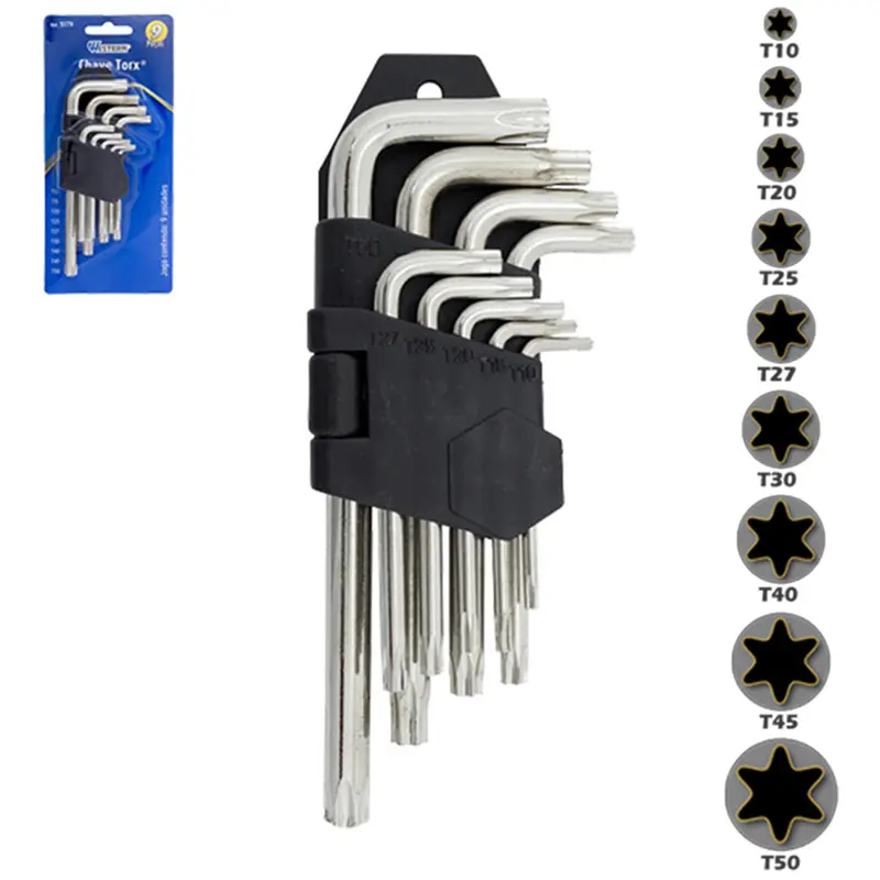 JOGO DE CHAVE TORX 9 PECAS COM FURO GUIA + SUPORTE NA CARTELA