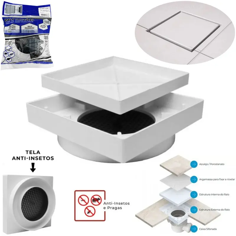 GRELHA / RALO DE PLASTICO QUADRADO INVISIVEL 100MM