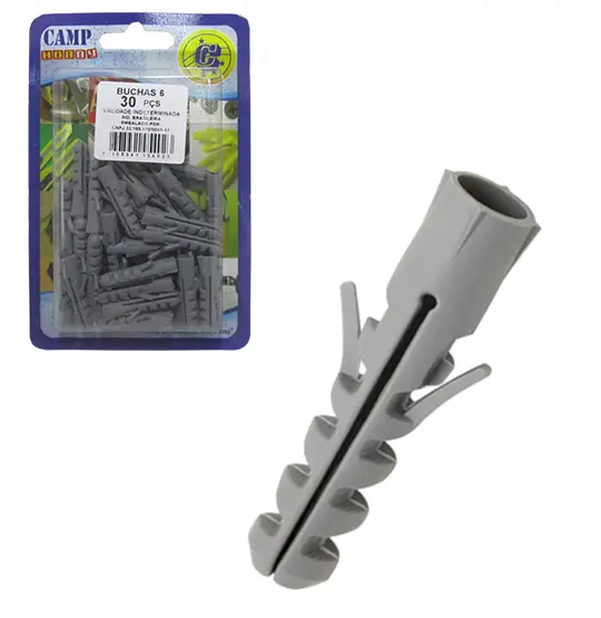 BUCHA DE NYLON CINZA 6MM 30 PECAS NA CARTELA