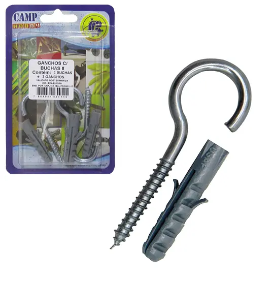 KIT PARAFUSO GANCHO COM BUCHA DE NYLON 8MM 6 PECAS NA CARTELA