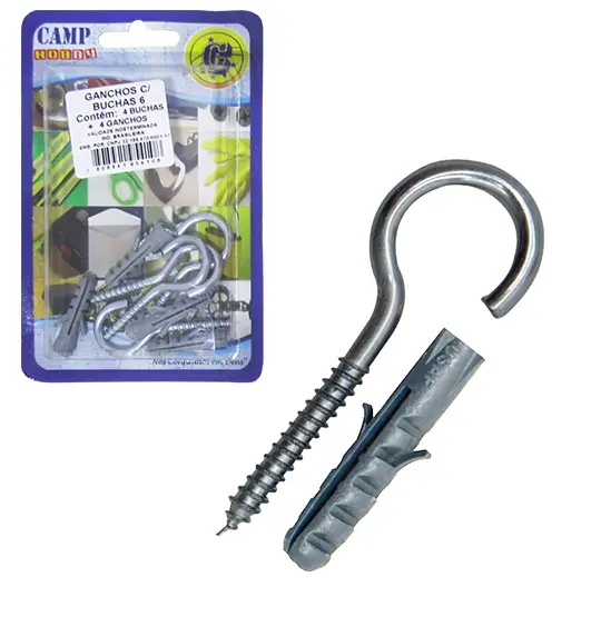 KIT PARAFUSO GANCHO COM BUCHA DE NYLON 6MM 8 PECAS NA CARTELA