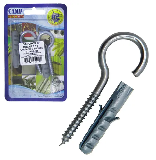 KIT PARAFUSO GANCHO COM BUCHA DE NYLON 10MM 4 PECAS NA CARTELA