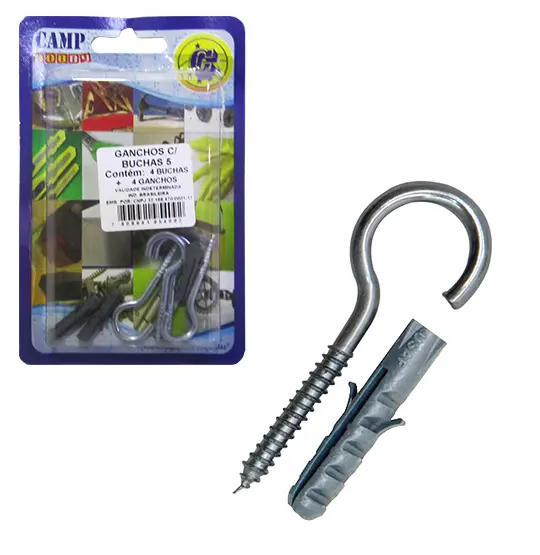 KIT PARAFUSO GANCHO COM BUCHA DE NYLON 5MM 8 PECAS NA CARTELA