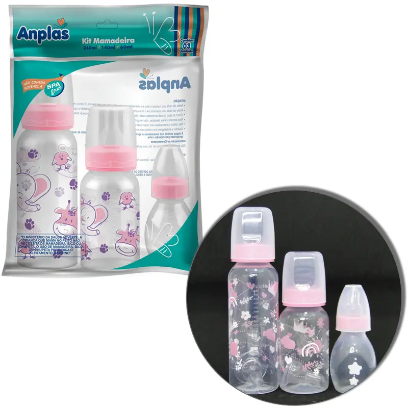 MAMADEIRA COM BICO DE SILICONE ANPLAS CRISTAL ROSA COM 3 PECAS 240/140/60ML