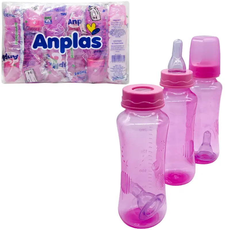 MAMADEIRA COM BICO DE SILICONE ANPLAS COLOR ROSA COM 6 PECAS 240ML