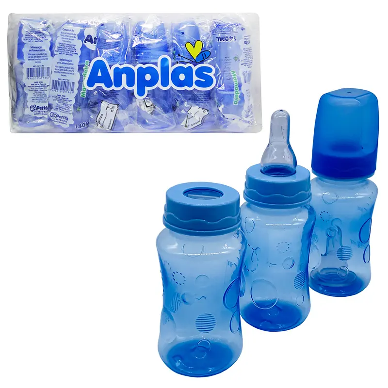 MAMADEIRA COM BICO DE SILICONE ANPLAS COLOR AZUL COM 6 PECAS 140ML
