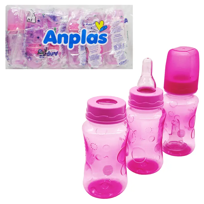 MAMADEIRA COM BICO DE SILICONE ANPLAS COLOR ROSA COM 6 PECAS 140ML
