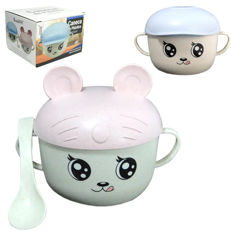 KIT ALIMENTACAO / PAPINHA CANECA COM 2 ALCAS + COLHER E TAMPA DE PLASTICO