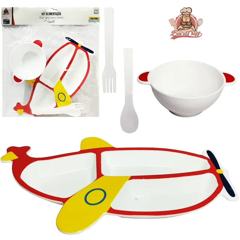 KIT ALIMENTACAO / PAPINHA + TIGELA E TALHER DE PLASTICO AVIAOZINHO BONS CHEFF
