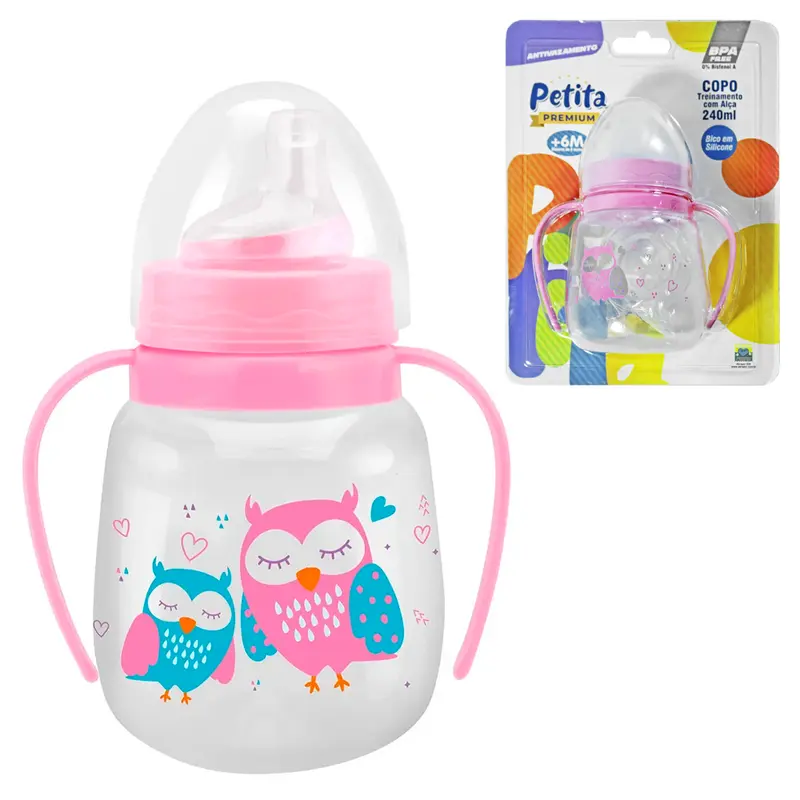COPO BABY TREINAMENTO ANTIVAZAMENTO COM TAMPA BICO SILICONE E ALCA PLASTICO PREMIUM CRISTAL ROSA 240ML