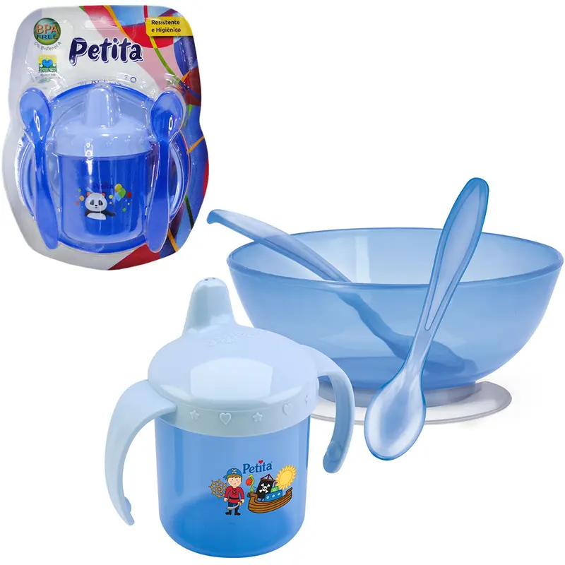 KIT ALIMENTACAO / PAPINHA TIGELA COM VENTOSA + COPO BABY E 2 COLHERES ESTAMPAS SORTIDAS COLOR AZUL