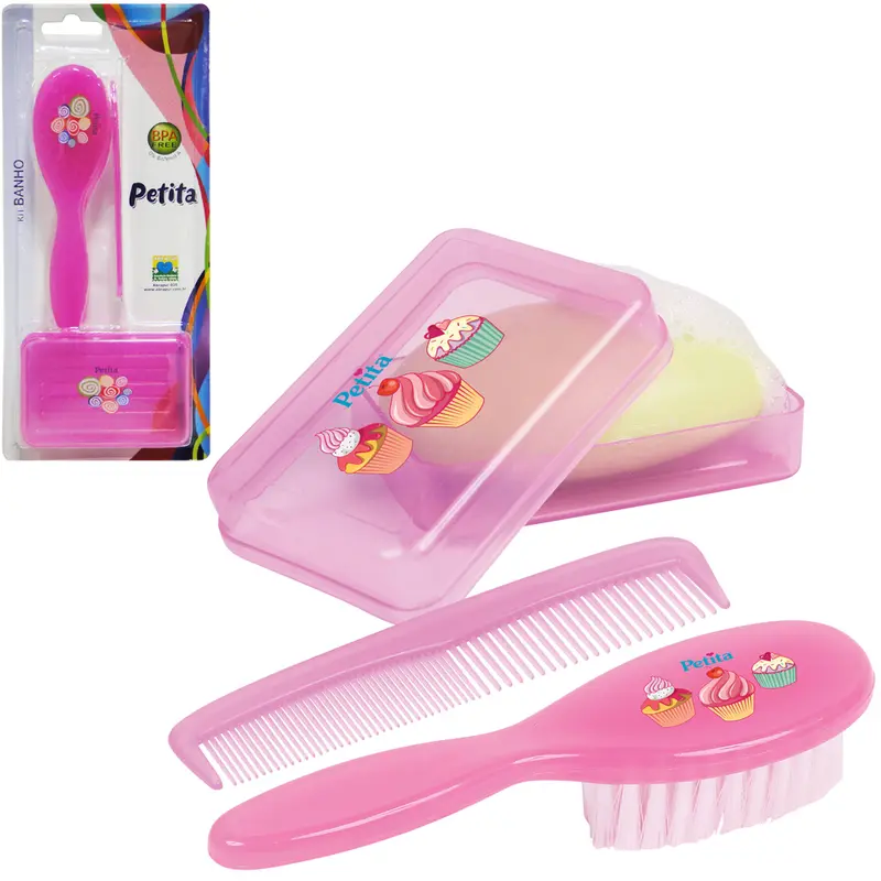 PENTE + ESCOVA DE CABELO INFANTIL E SABONETEIRA DE PIA DE PLASTICO ESTAMPAS ROSA