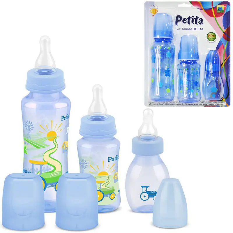 MAMADEIRA CINTURADA COM BICO DE SILICONE ESTAMPAS COLOR AZUL 3 PECAS 240/140/60ML