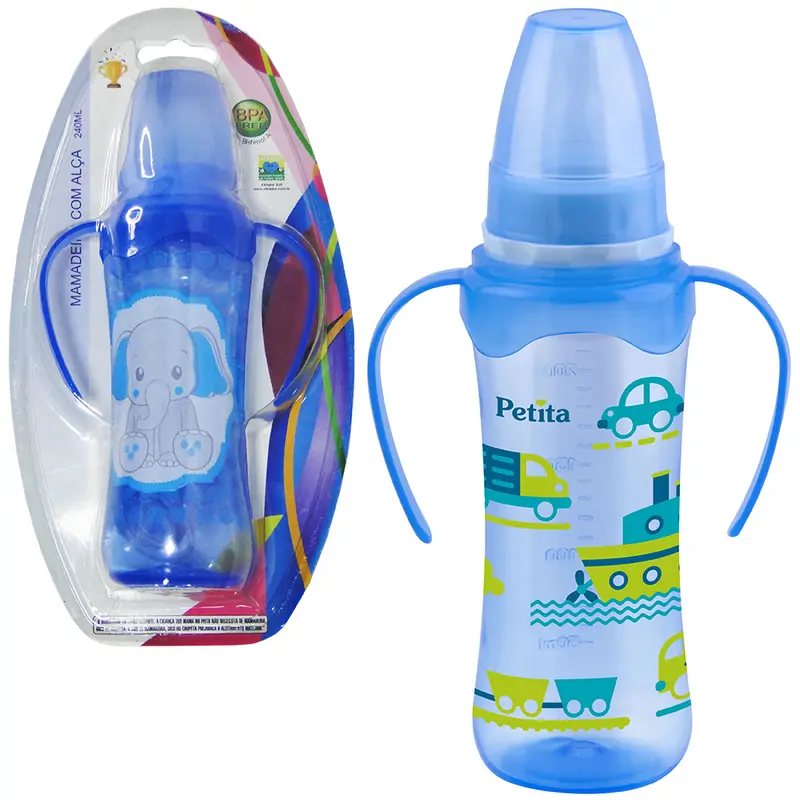 MAMADEIRA CINTURADA COM ALCA E BICO DE SILICONE ESTAMPAS SORTIDAS COLOR AZUL 240ML