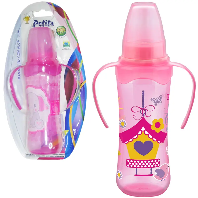 MAMADEIRA CINTURADA COM ALCA E BICO DE SILICONE ESTAMPAS SORTIDAS COLOR ROSA 240ML