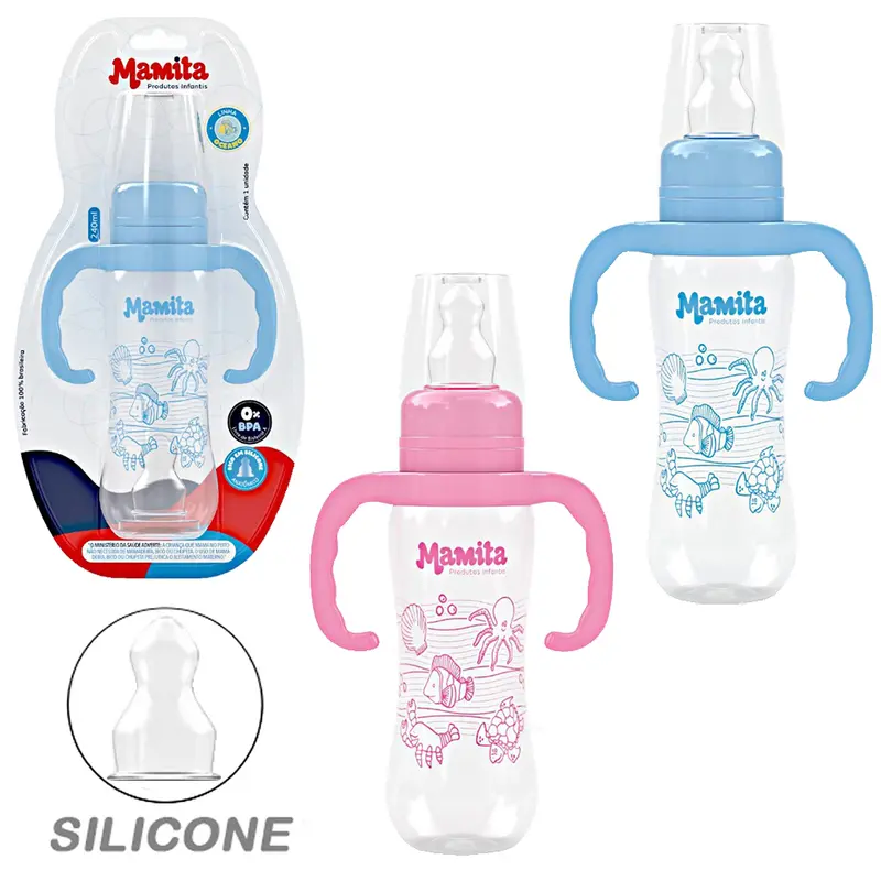 MAMADEIRA PREMIUM DECORADA COM ALCA E BICO DE SILICONE COLORS 240ML