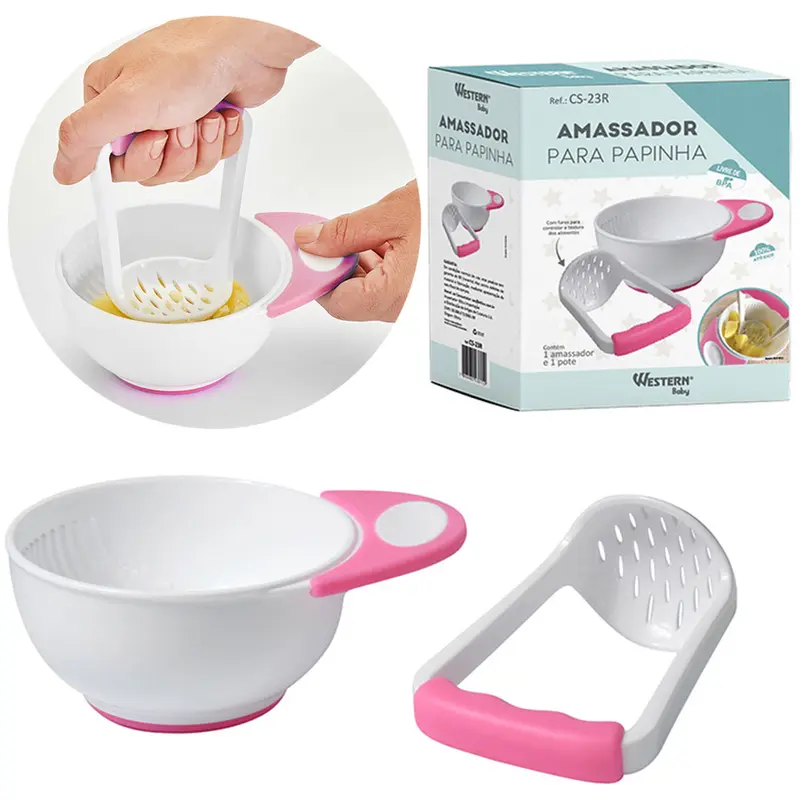 KIT ALIMENTACAO / PAPINHA TIGELA COM AMASSADOR DE PLASTICO ROSA NA CAIXA