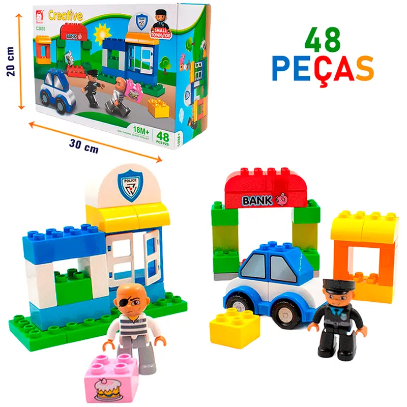 BLOCOS DE MONTAR BLOCKS POLICIA COM 2 BONECOS 48 PECAS NA CAIXA