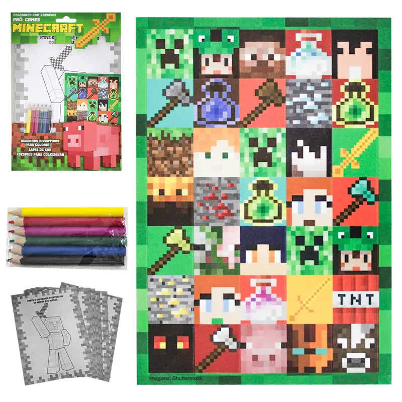 DESENHO PARA COLORIR COM 8 DESENHOS PRO GAMES MINECEAFT COM 6 LAPIS DE COR + 35 ADESIVOS 25,5X19CM