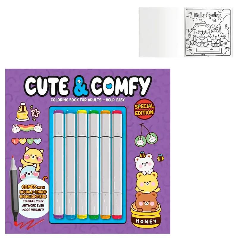 LIVRO CUTE & COMFY COLORING BOOK FOR ADULTS - BOLD EASY PARA COLORIR COM 6 CANETAS DUPLA 65 PAGINAS 23X23CM