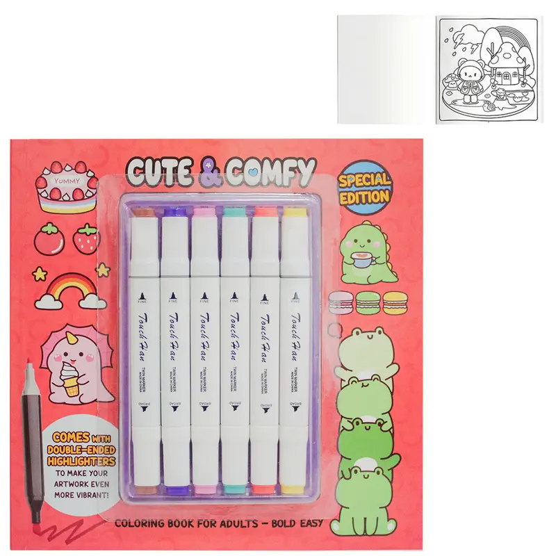 LIVRO CUTE & COMFY COLORING BOOK FOR ADULTS - BOLD EASY PARA COLORIR COM 6 CANETAS DUPLA 65 PAGINAS 23X23CM