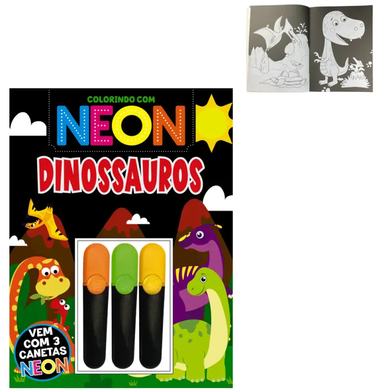 LIVRO PARA COLORIR COLORINDO COM NEON DINOSSAUROS COM 3 CANETAS NEON 24 PAGINAS 27,5X20,5CM