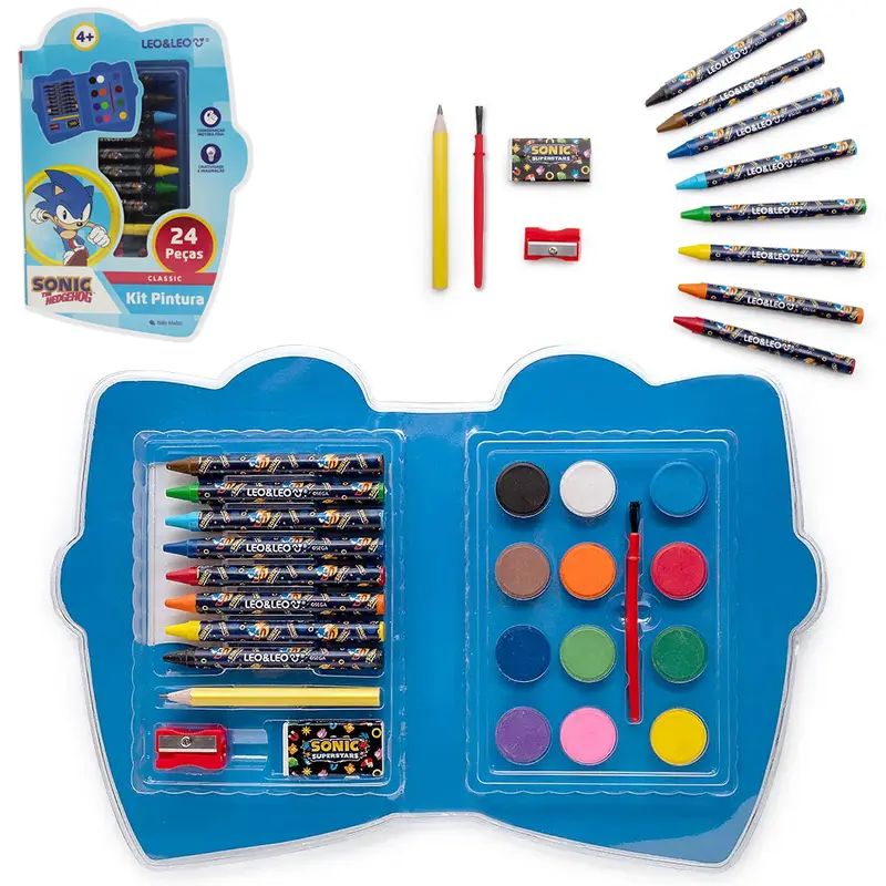 ESTOJO MALETA ESCOLAR SONIC THE HEDGEHOG COM AQUARELA + GIZ DE CERA E ACESSORIOS 24 PECAS