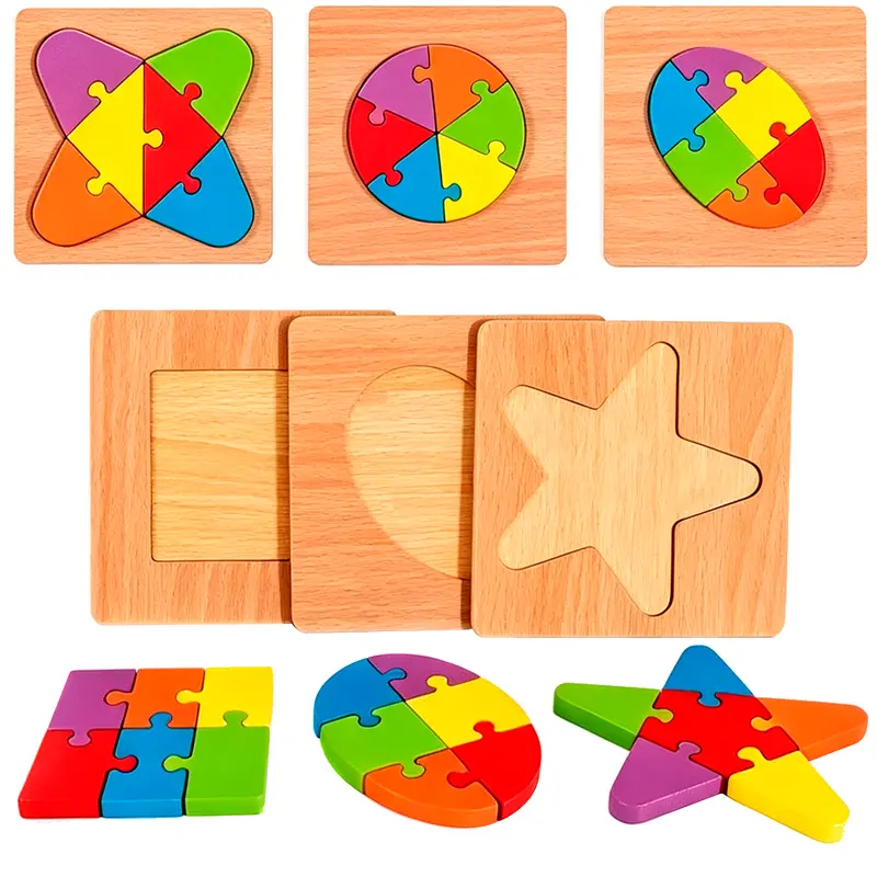 TABULEIRO DIDATICO EDUCATIVO QUEBRA CABECA DE ENCAIXE DE MADEIRA COM 7 PECAS 15X15CM