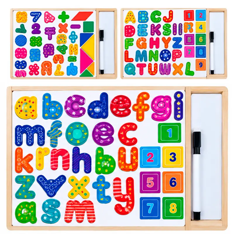TABULEIRO DIDATICO EDUCATIVO ENCAIXE ALFABETO / NUMEROS MADEIRA COM QUADRO / LOUSA BRANCA + CANETA COM APAGADOR
